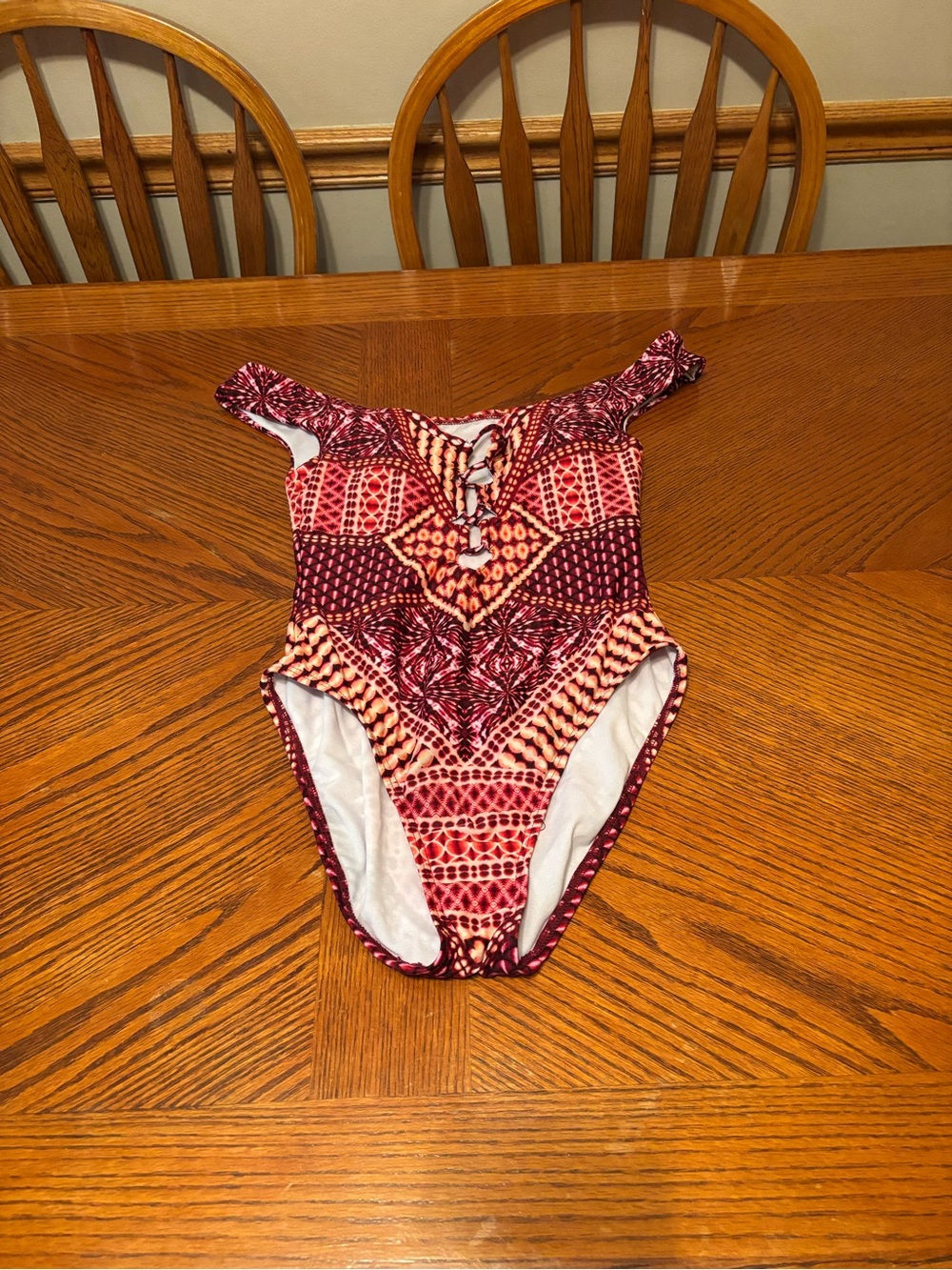 Kenneth Cole One-Piece Swimsuit in White and Red-Orange Print